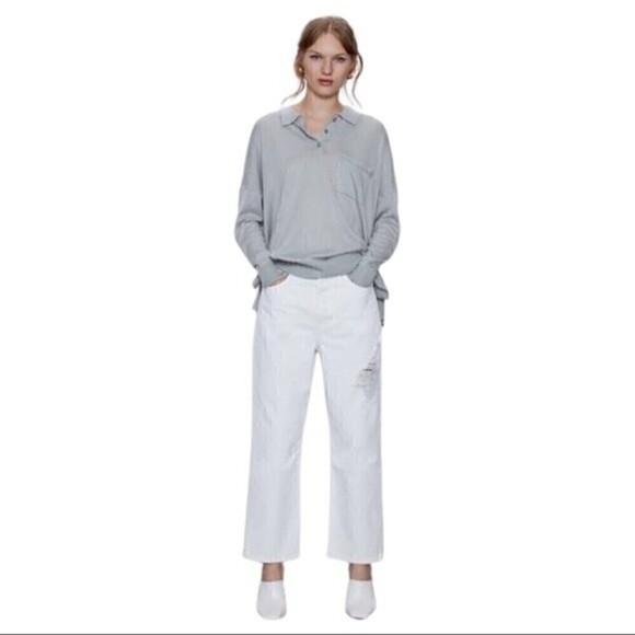 New! Zara High Rise Straight Leg Distressed Button Fly Rigid White Jeans - Picture 2 of 14